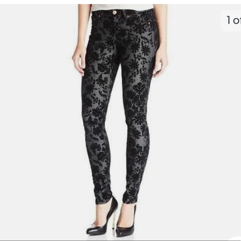 7 for all Mankind gray & black velvet printed skinny pants, 26